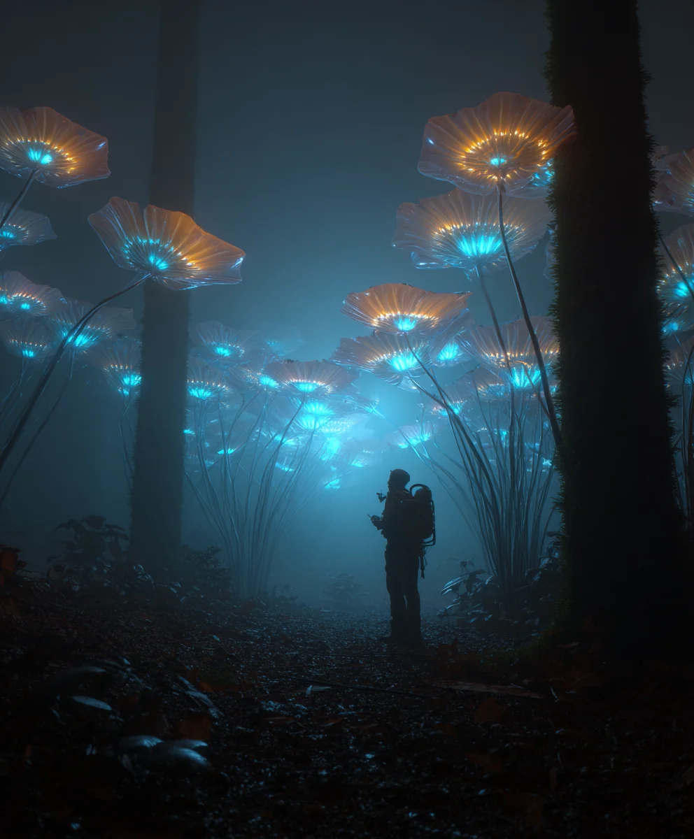Lumenavis bioluminescent alien forest